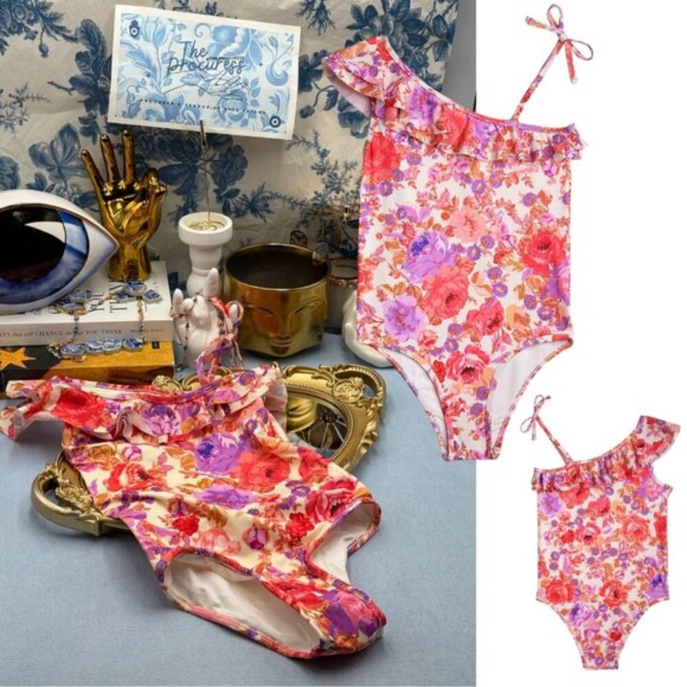 🆕 ZIMMERMANN KIDS 🧿 NWT Raie Frill 1 Shoulder 1PC, Red/Purple Floral - Sz 2 Y